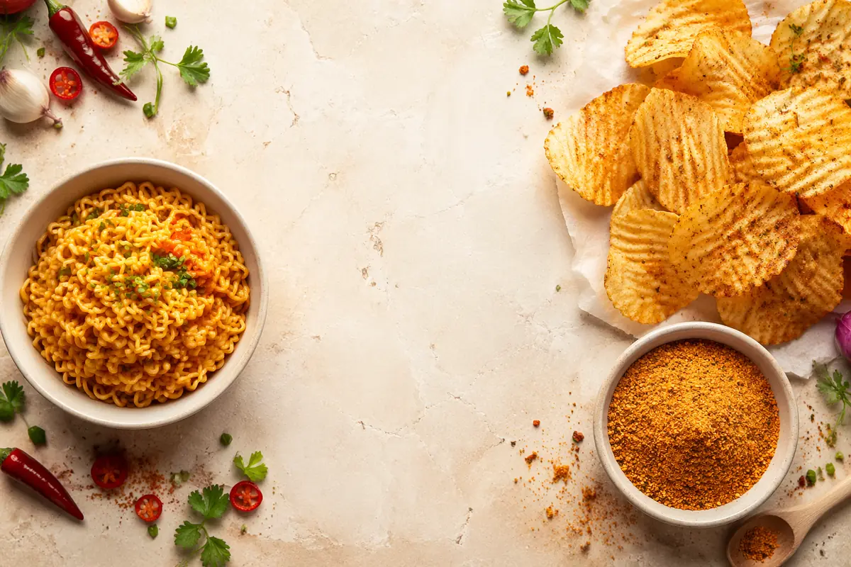 Bowl of instant noodles, seasoned potato chips and a bowl of savoury seasoning powder on a stone counter